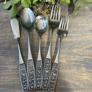 Interpur Embossed Roses floral stainless steel flatware Japan INR28 forks spoons